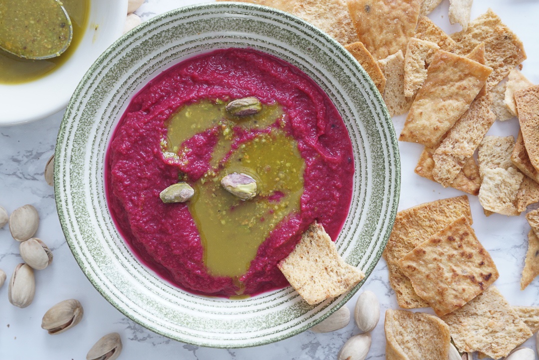 vegan beet hummus with pita chips