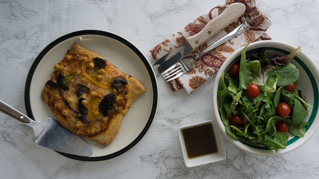 chickpea vegetable pizza with vegan cheese 