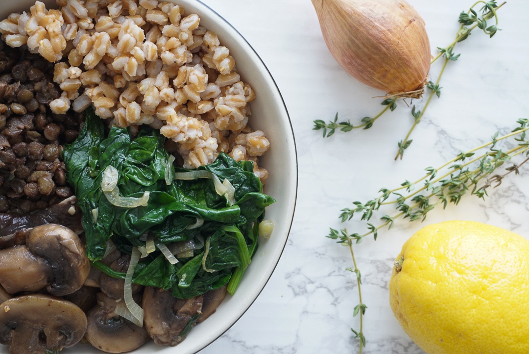 lentil and mushroom bowl with thyme sherry and lemon
