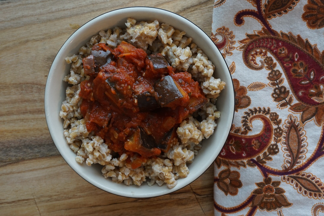 vegan Italian chickpea and eggplant bowl with tomato sauce