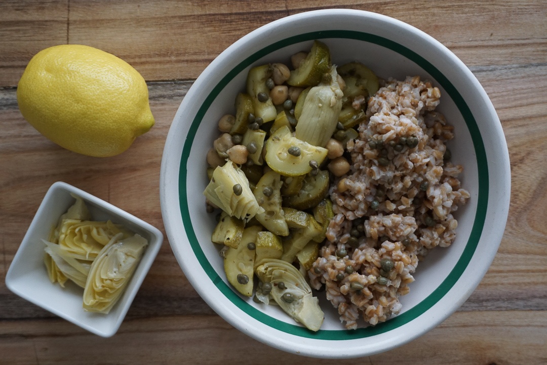 meditteranean farro artichoke bowl vegan