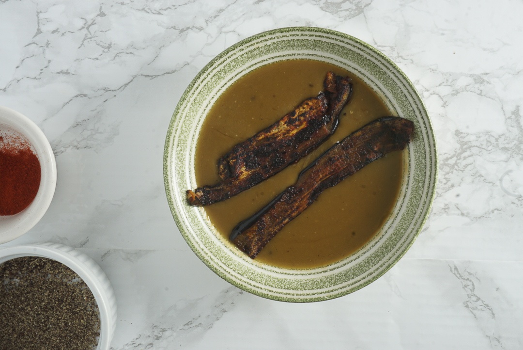 split pea soup with eggplant bacon vegan