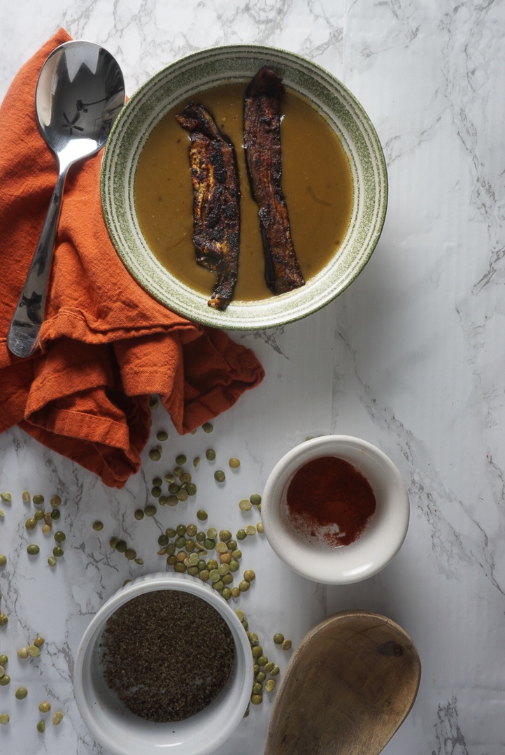 split pea soup with eggplant bacon