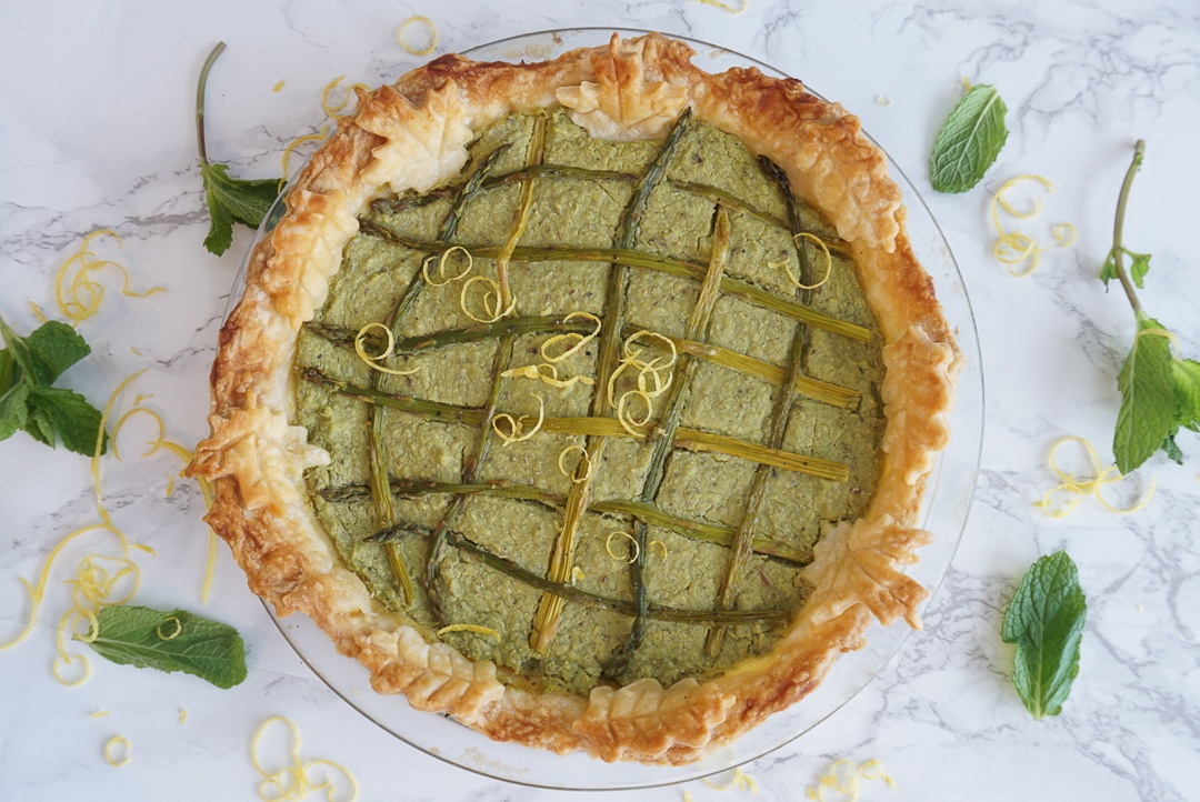 spring pea tart with leaf patterned crust