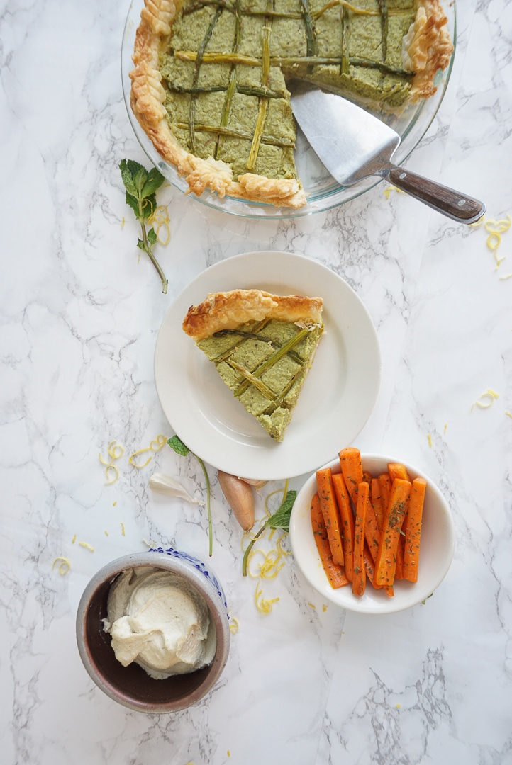spring pea and asparagus tart with cashew ricotta and vegan crust