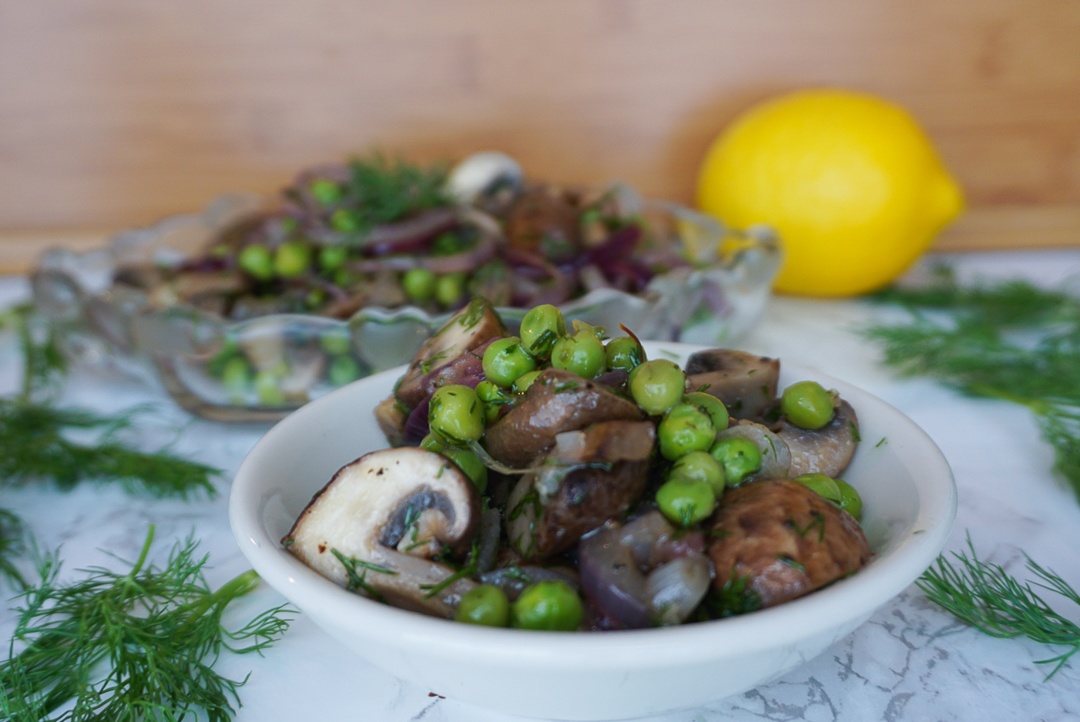 spring pea mushroom dill salad vegan