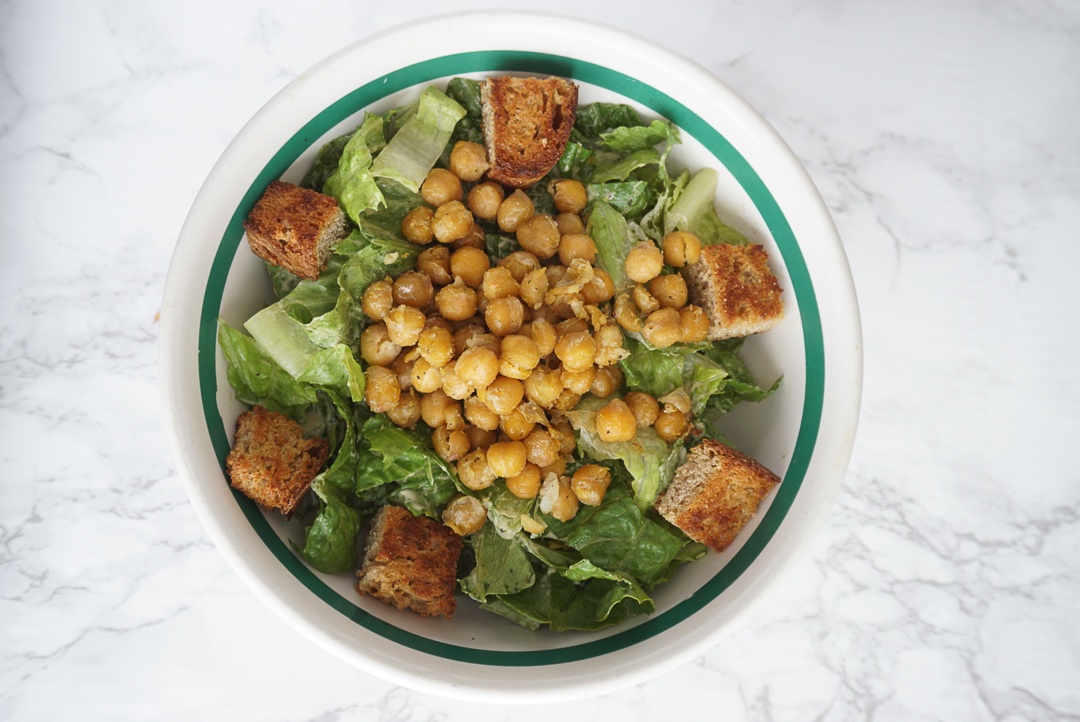 vegan caesar salad with chickpeas