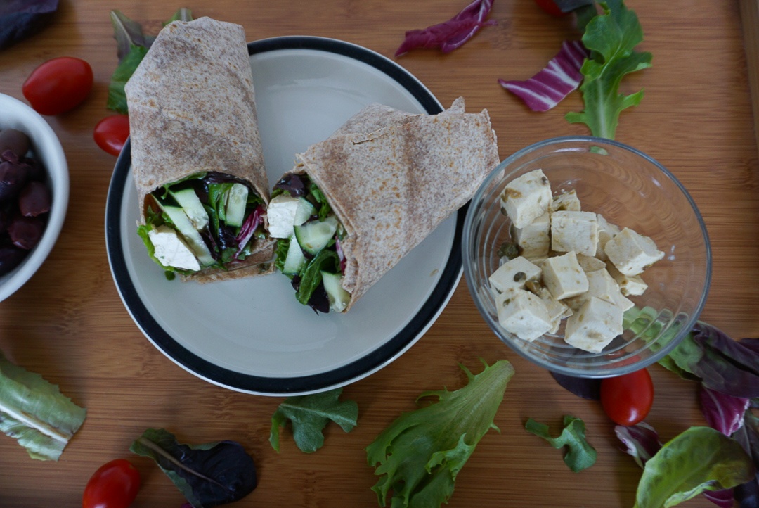 greek salad wrap with tofu feta