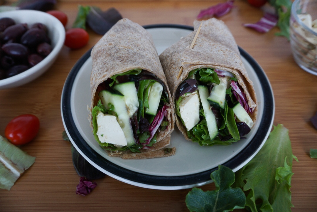 tofu feta vegan greek salad wrap
