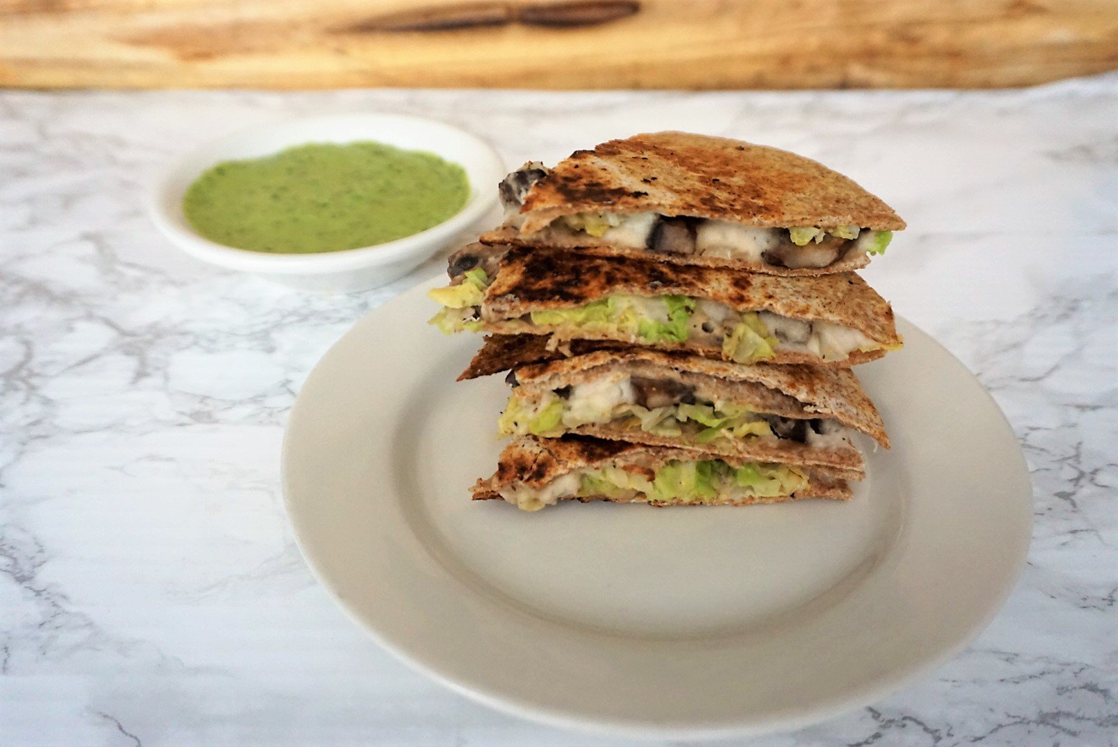 Mushroom and Cabbage Vegan Quesadillas with Parsley dipping sauce
