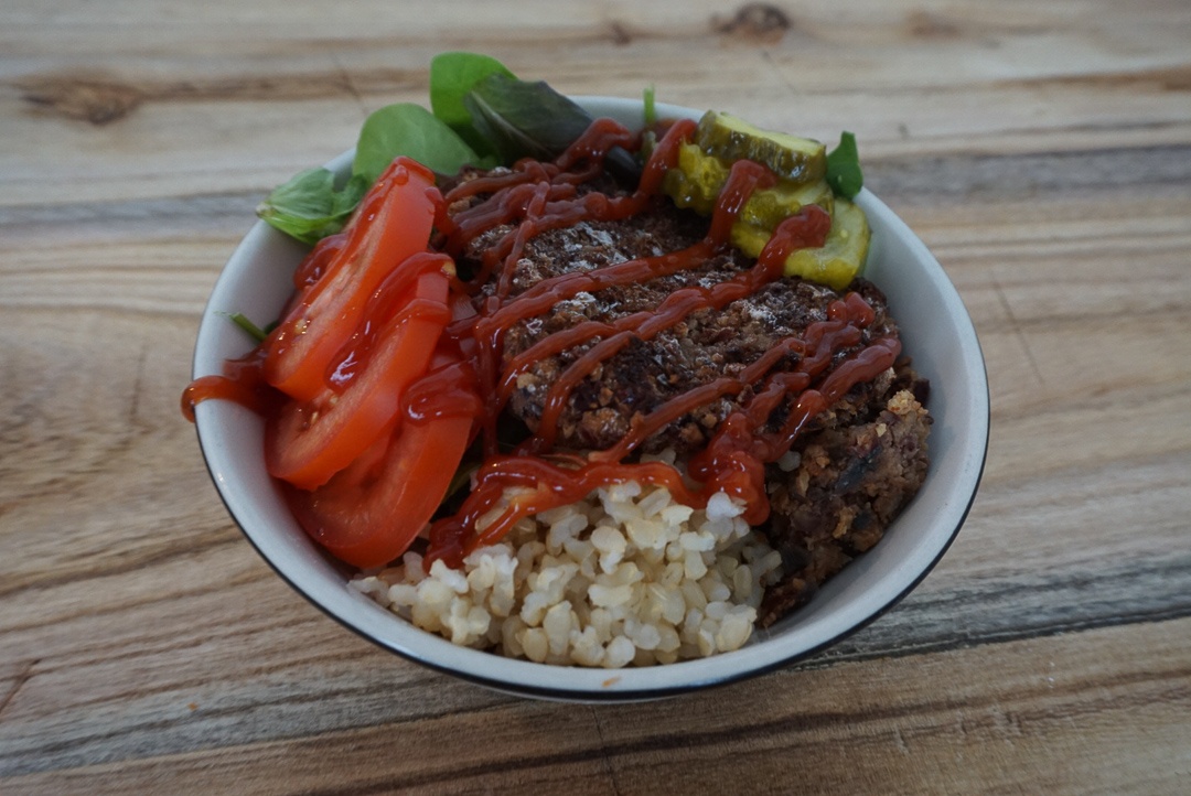 vegan bean burger bowl