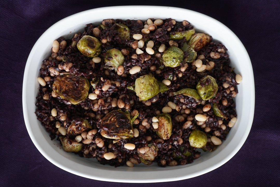 vegan rice and beans with brussel sprouts