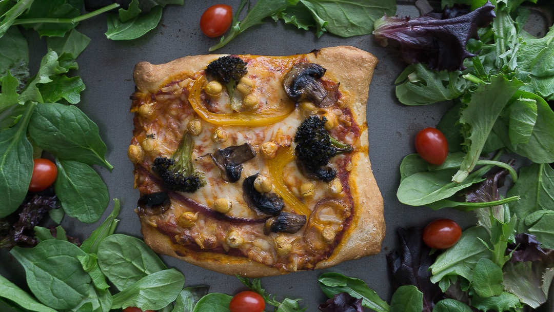 Vegetable Chickpea Pizza with Vegan Cheese